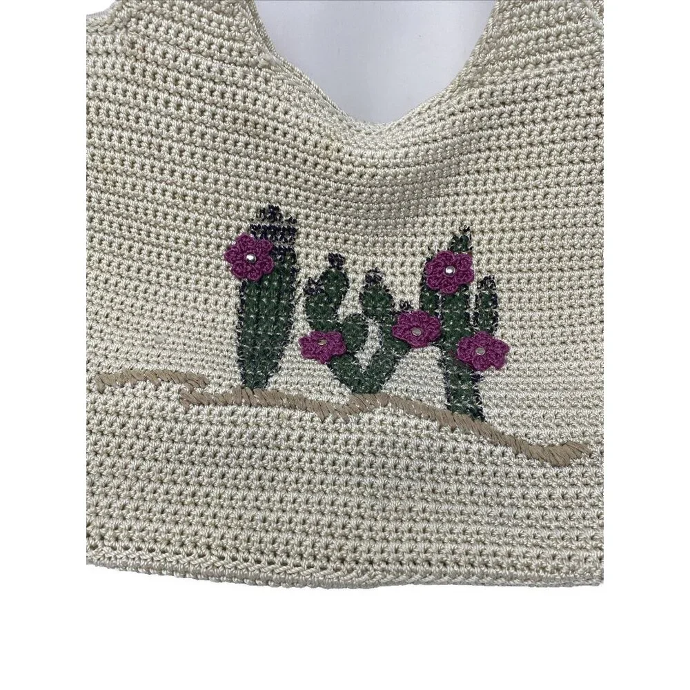 The Sac Ecru Crochet Cactus Flower Hobo Shoulder Bag Tassel Bag Charm Purse - Picture 6 of 8